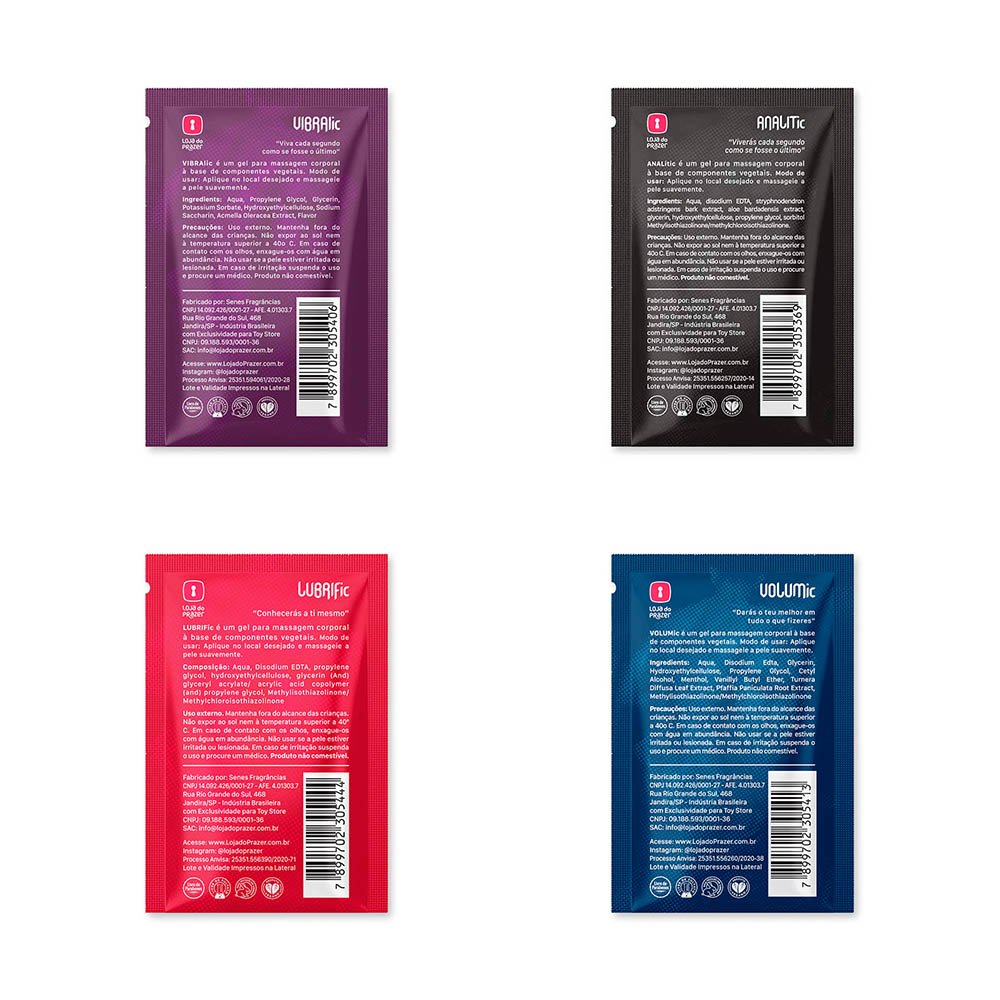 Verso dos sachets do Kit COSMETic mostrando informa��es de ingredientes e modo de uso para os produtos VOLUMic, ANALic e LUBRIFic