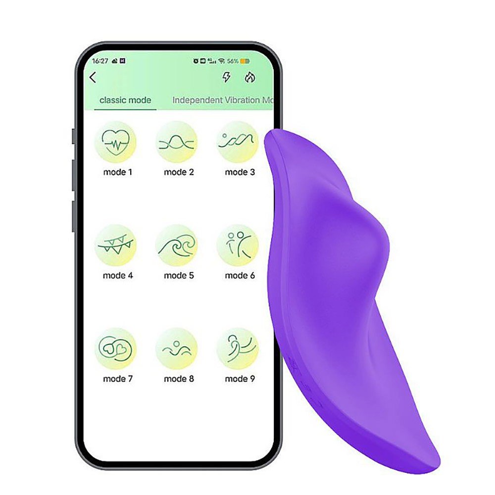 Vibrador para Clit�ris Roxo em Silicone, detalhes dos 9 modos de vibra��o controlados por APP