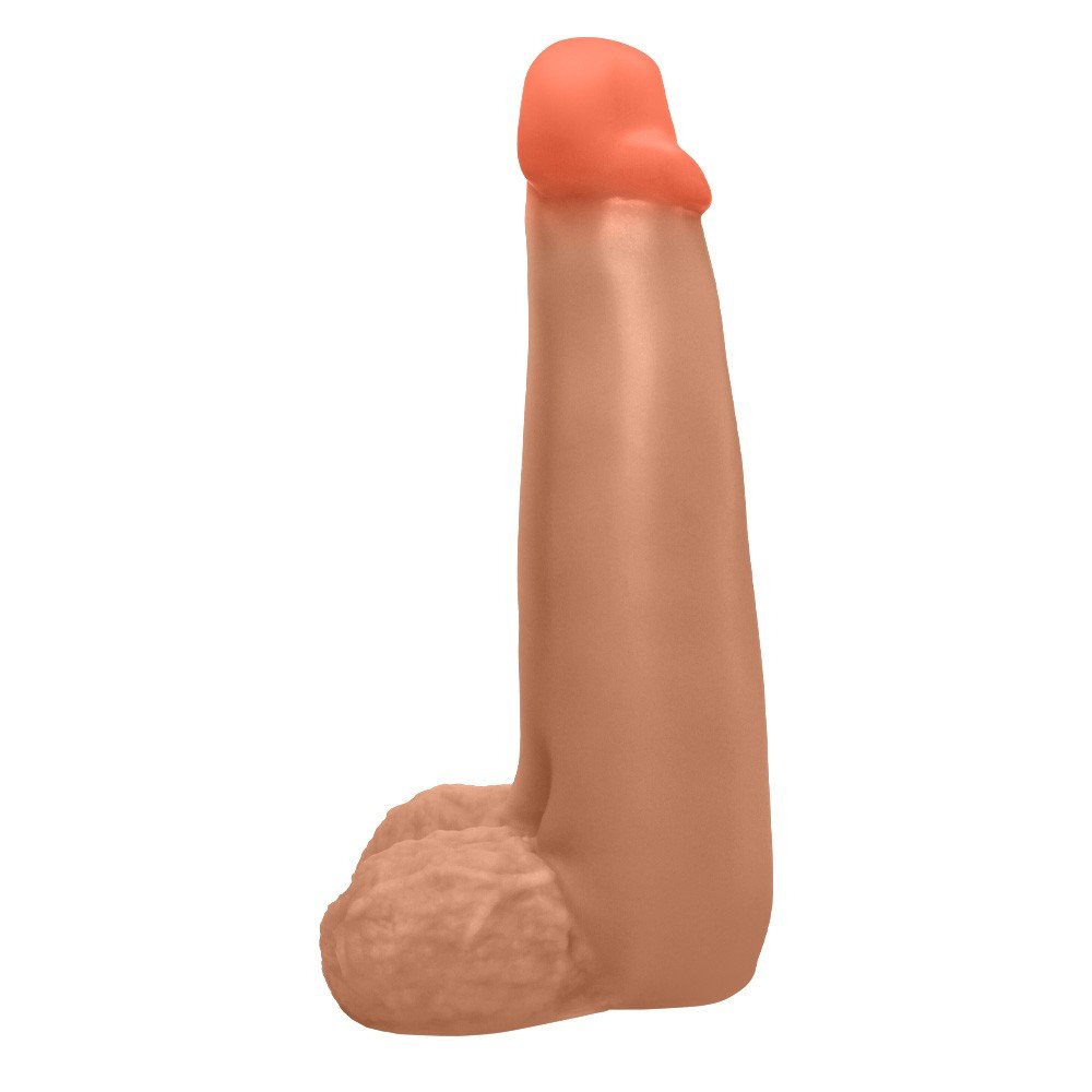 P�nis Gigante e Grosso Flex�vel com Escroto Longo 28 x 8,3cm Bege | Vista lateral da base com escroto, indicando as dimens�es generosas