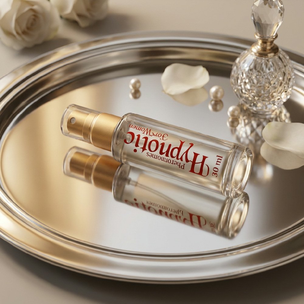 Perfume Afrodis�aco Hypnotic sobre bandeja espelhada com p�rolas e p�talas