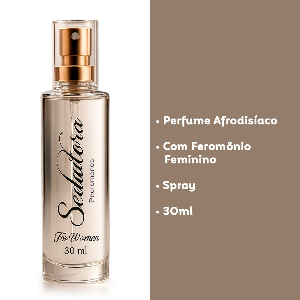 Perfume Sedutora com Ferom�nio Feminino, frasco de 30ml ao lado de lista de caracter�sticas: Perfume Afrodis�aco, Com Ferom�nio Feminino, Spray, 30ml