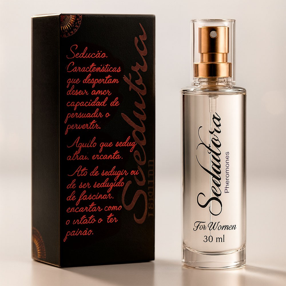 Perfume Sedutora com Ferom�nio Feminino e sua embalagem, frasco de vidro transparente com borrifador dourado e caixa preta com detalhes vermelhos e texto 'Sedu��o'