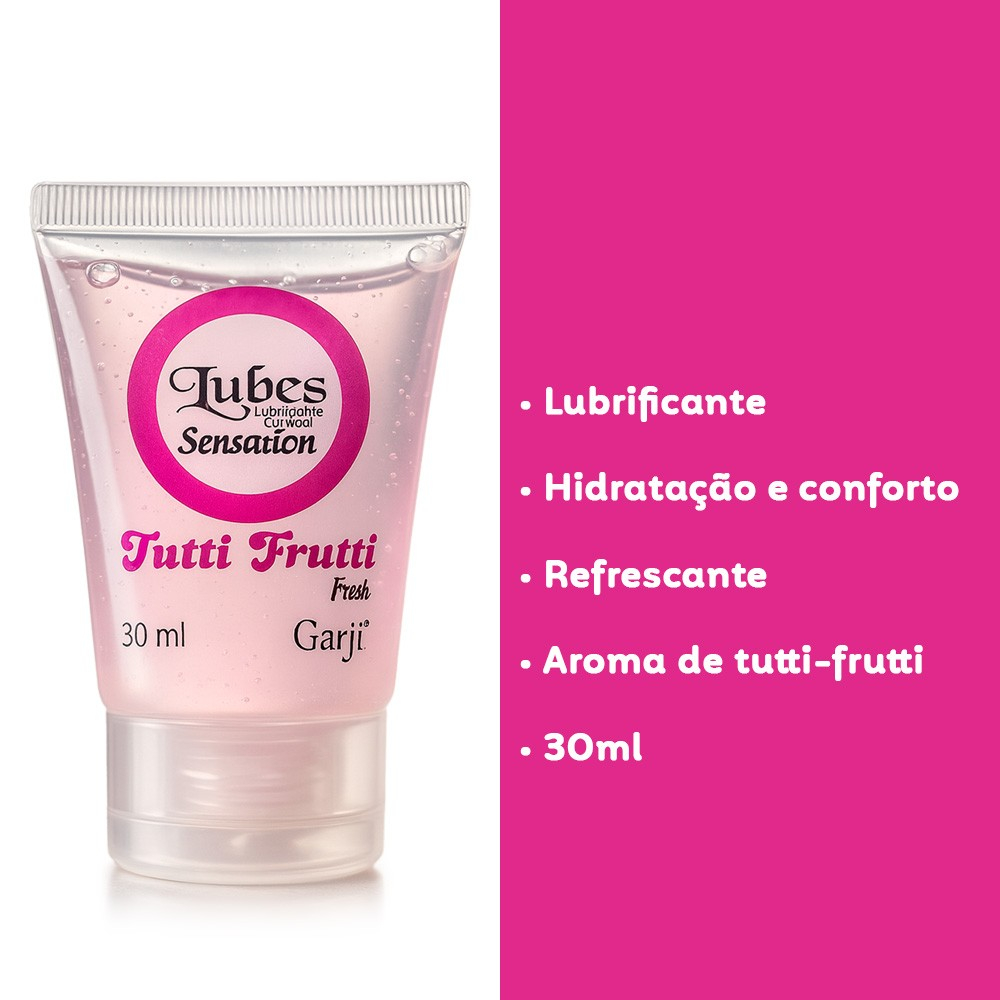 Lubrificante Lubes Sensation TuttiFrutti Fresh 30ml com lista de benef�cios: Lubrificante, Hidrata��o e conforto, Refrescante, Aroma de tutti-frutti, 30ml