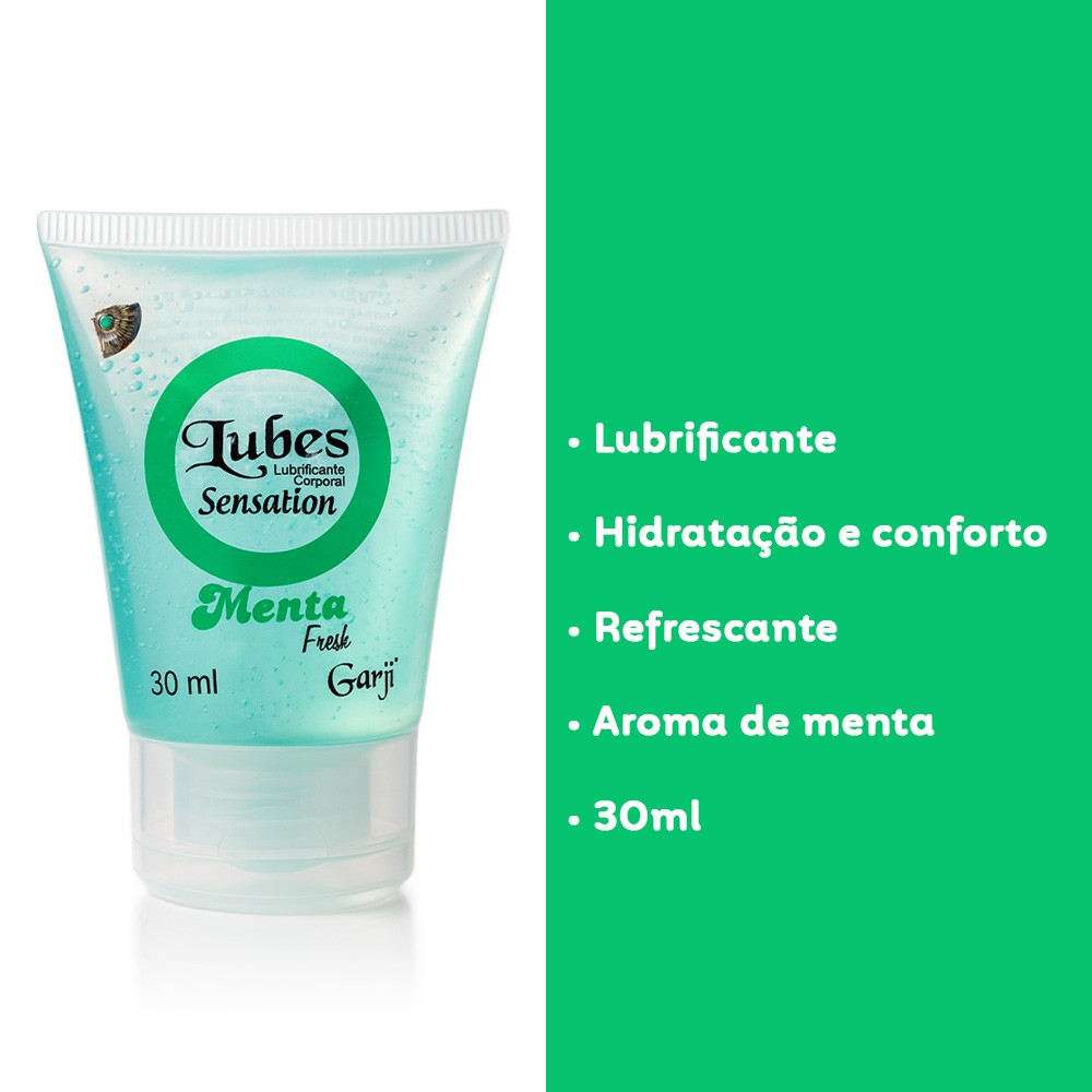 Embalagem do Lubrificante Lubes Sensation Menta Fresh 30ml com lista de benef�cios: Lubrificante, Hidrata��o e conforto, Refrescante, Aroma de menta, 30ml.