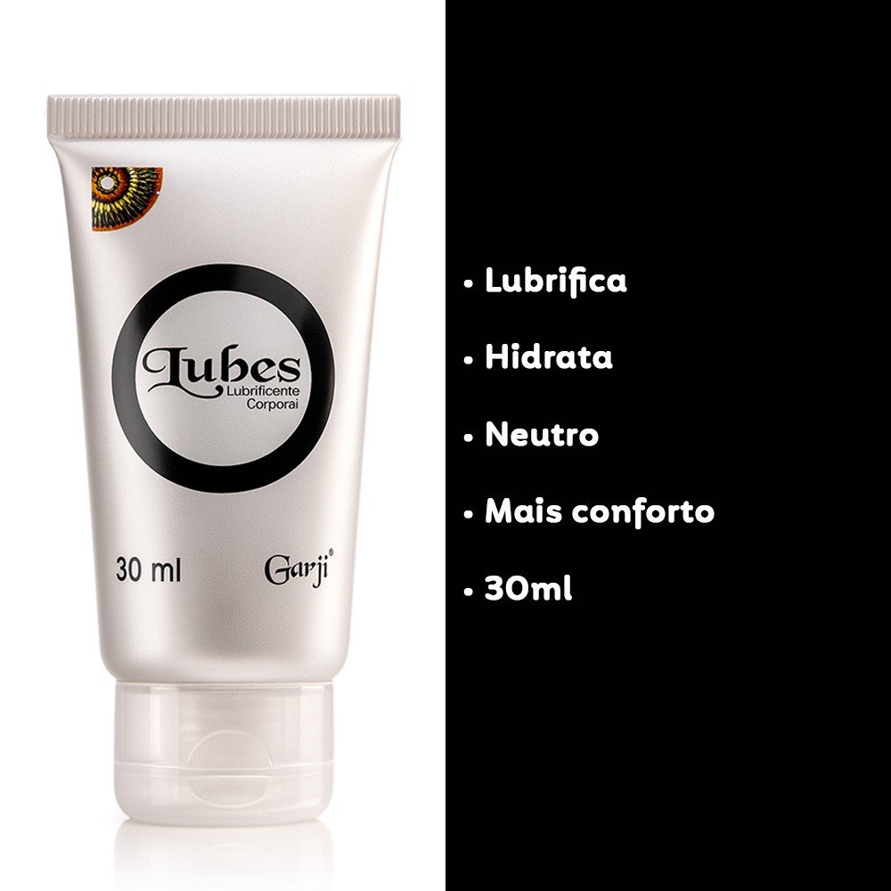 Lubrificante Lubes Neutro 30ml com r�tulo minimalista, ao lado de quadro com palavra-chave 'Lubrifica', 'Hidrata', 'Neutro', 'Mais conforto', '30ml'