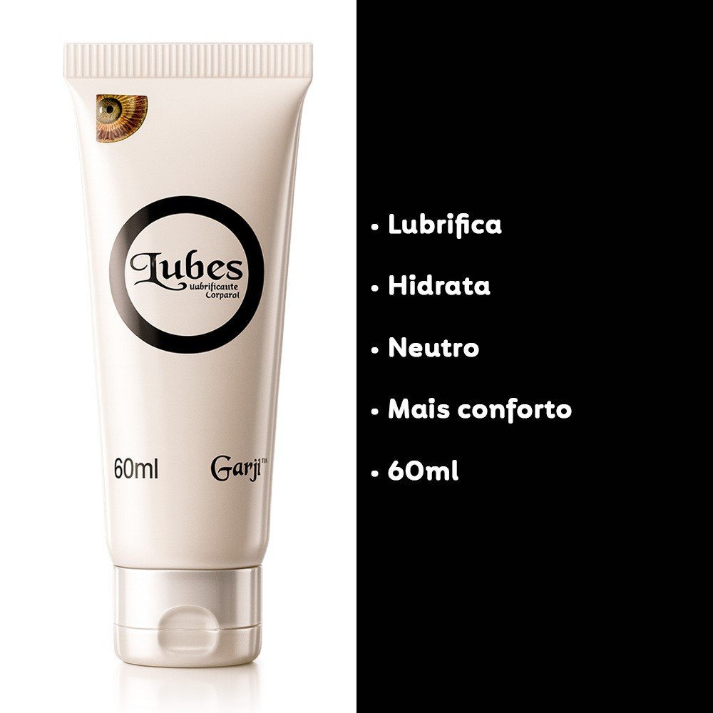 Lubrificante Lubes Neutro 60ml | Foto em fundo branco com lista de benef�cios ao lado, que s�o: Lubrifica, Hidrata, Neutro, Mais Conforto, 60ml
