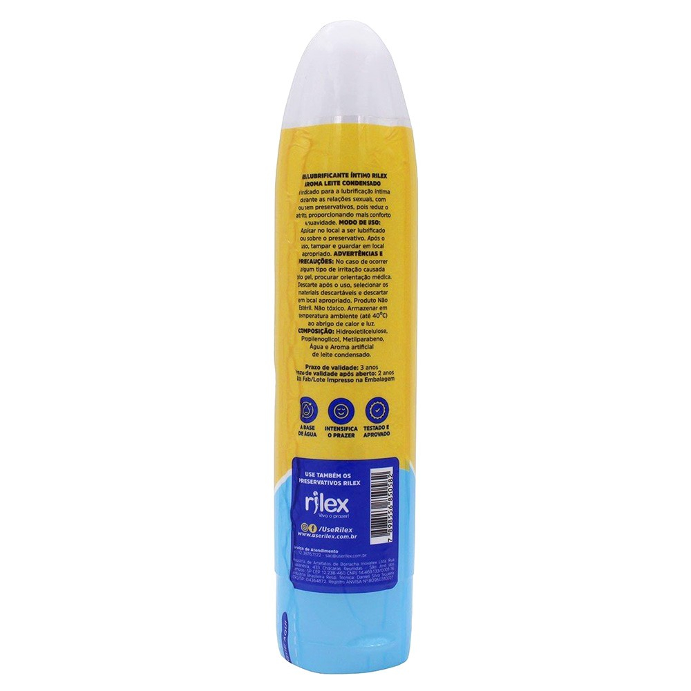 Verso do Gel Lubrificante �ntimo Toy Leite Condensado 100g, mostrando informa��es como sol�vel em �gua, intensifica, testado e aprovado, e indica��es de uso.