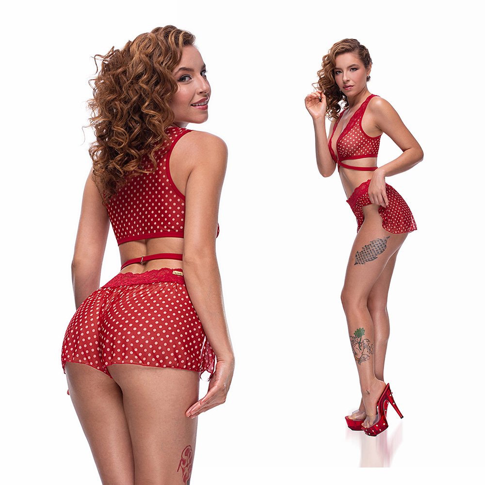 Baby Doll Sensual Sexy em Tule com Po� e Renda - Vista traseira do top e do shortinho com aberturas laterais