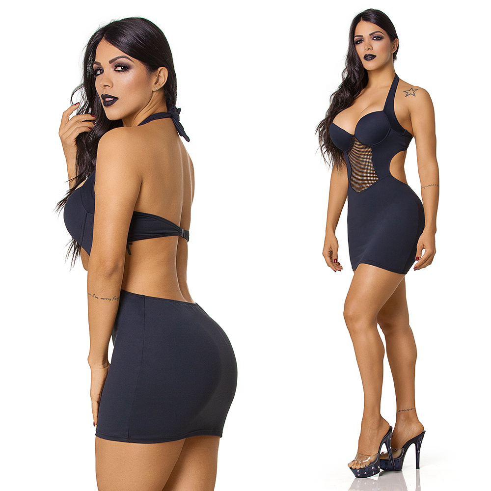 Vestido Sensual Sexy em Suplex Poliamida e Arrast�o Frente �nica Preto, modelo de costas exibindo decote e caimento