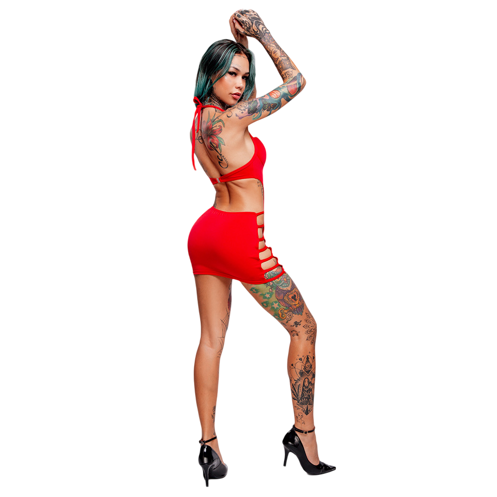 Vestido Sensual Sexy em Suplex Poli�ster Frente �nica com Rebites e Tiras Vermelho | Modelo de costas evidenciando os detalhes laterais