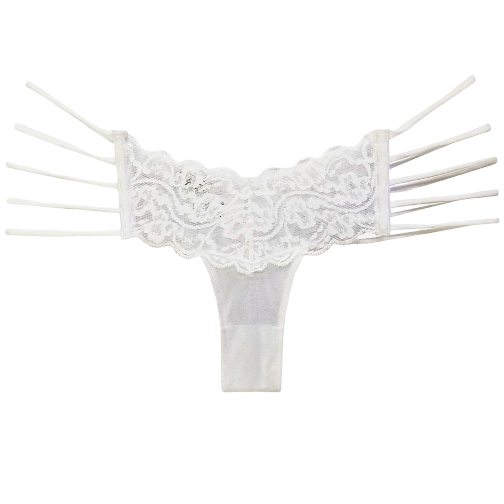 Calcinha Strappy Fio Dental Sexy em Renda com Rolot�s Branca | Foto 04