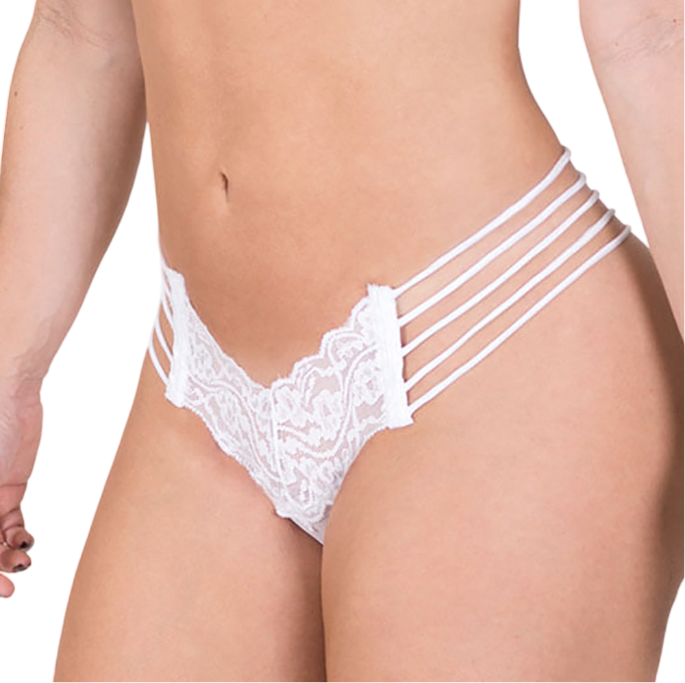 Calcinha Strappy Fio Dental Sexy em Renda com Rolot�s Branca, vista ampliada do detalhe da renda