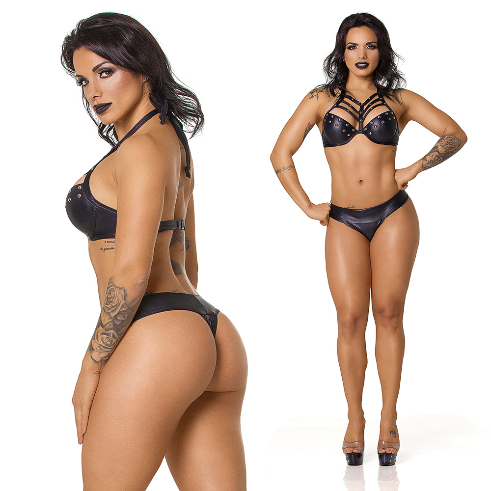 Conjunto Sensual Sexy em Cirr� com Bojo e Rebites Preto | Foto 02
