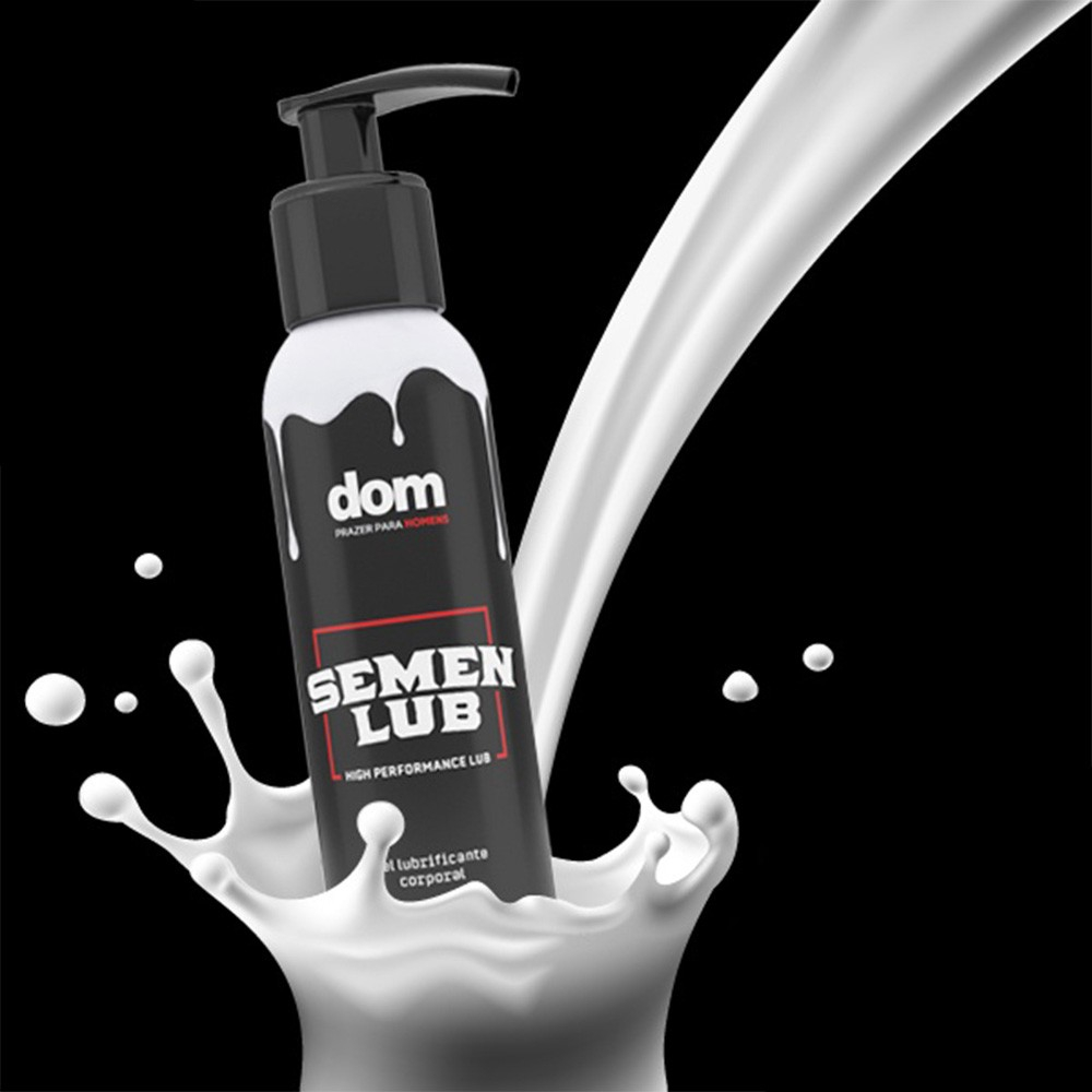 Frasco do Gel Lubrificante Semen Lub com um jorro do produto em forma de s�men