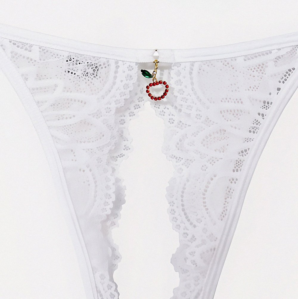 Calcinha String Fio Dental Sexy em Renda com Bijoux e Abertura na Vagina Branca | Foto 04