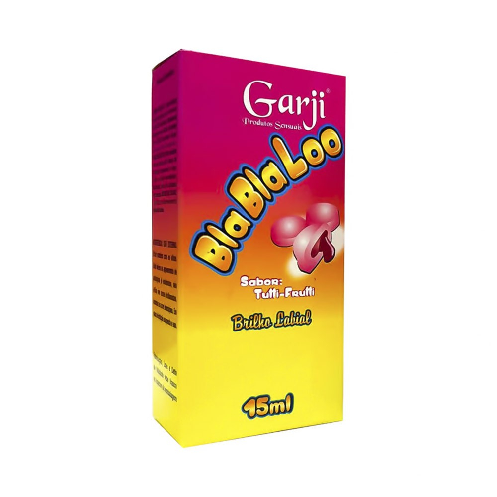 Gel do Beijo Brilho Labial Comest�vel BlaBlaLoo Tutti-Frutti, vista da embalagem em caixa e bisnaga