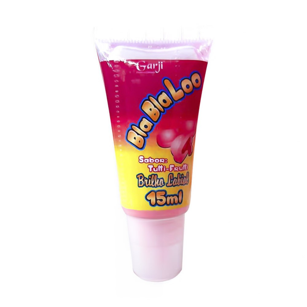 Bisnaga do Gel do Beijo Brilho Labial Comest�vel BlaBlaLoo Tutti-Frutti 15ml, em close, destacando o r�tulo com sabor e volume