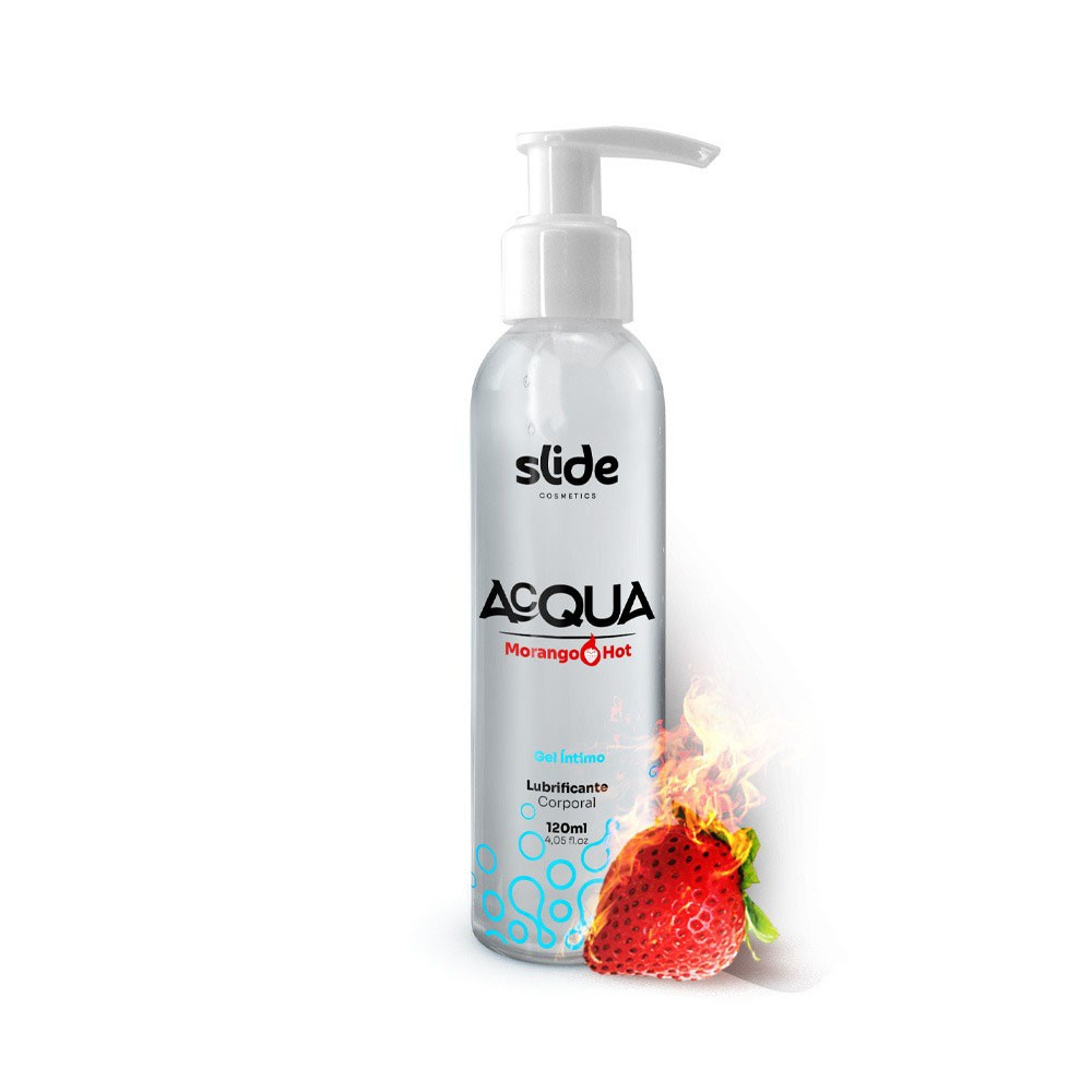 Lubrificante Corporal Acqua Morango Hot 120ml em frasco com dosador, morangos e chamas ilustrando o efeito 'hot'