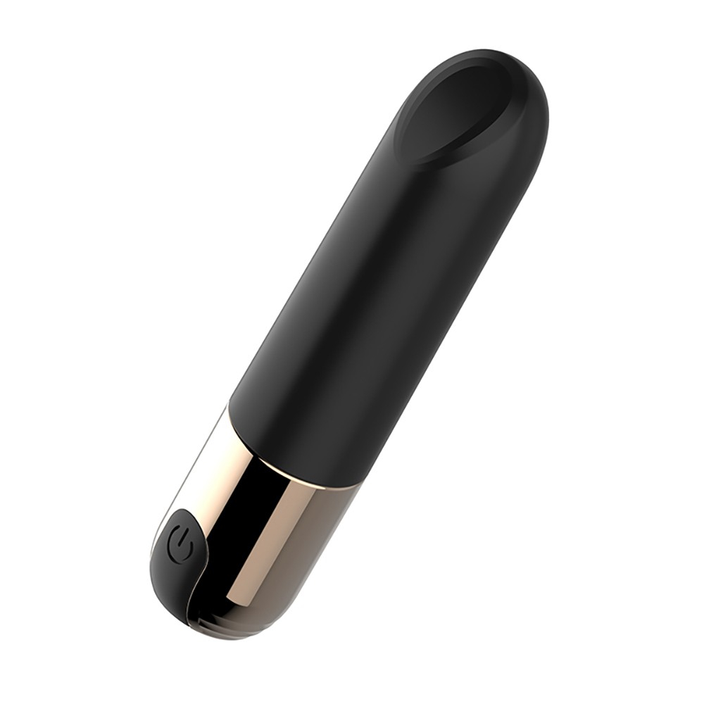 Vibrador Bullet The Jet Preto em vista lateral, mostrando o contorno e o detalhe do botao de ligar/desligar.