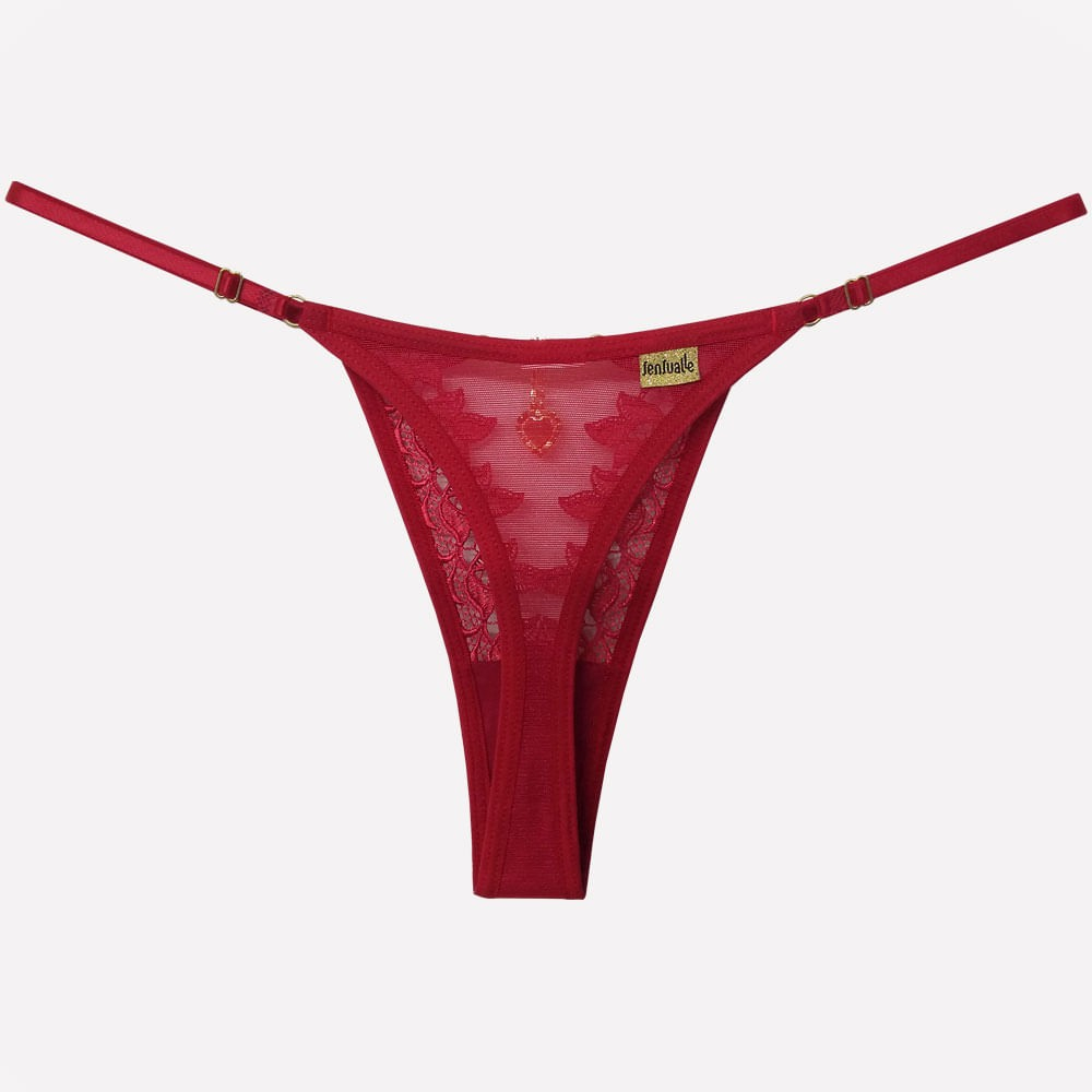 Calcinha String Fio Dental Sexy em Guipir e Tule com Bijoux e Regulagem Vermelha - Vista traseira mostrando fio dental