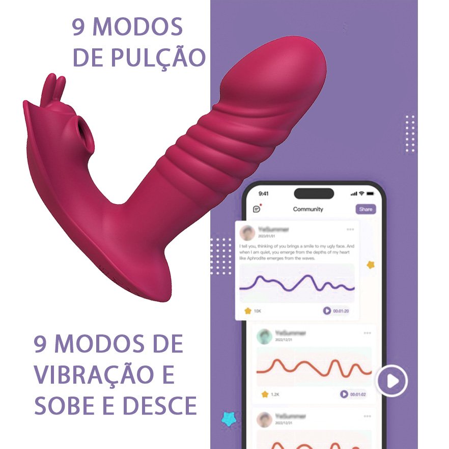 Vibrador Duplo Recarreg�vel em Silicone 9 Vibra��es, 9 Pulsa��es e Vai e Vem APP Joyce Vermelho | Foto 04