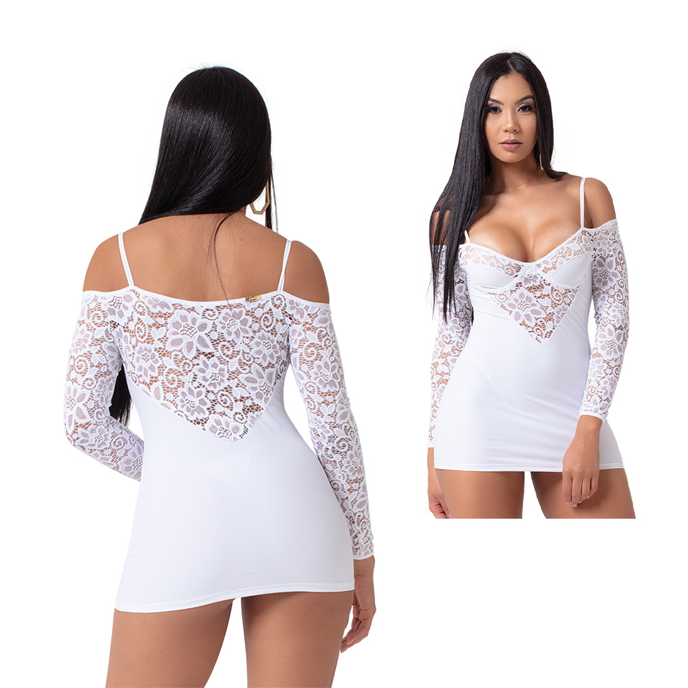 Camisola Sensual Sexy em Renda e Poliamida com Aro Liz Branca - Vista traseira com detalhes em renda nas costas