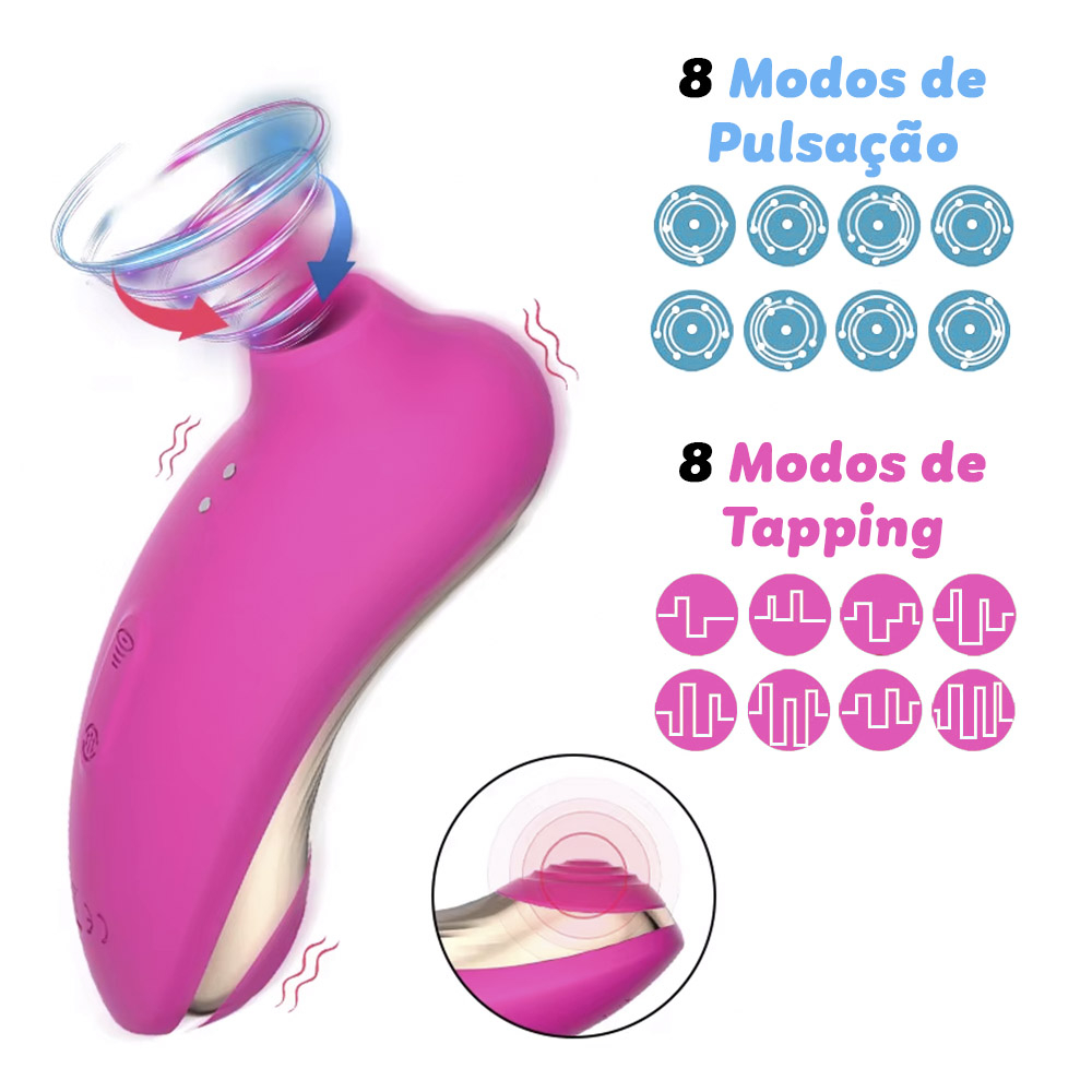 Vibrador Duplo Recarreg�vel em Silicone Rosa com detalhes de modos de pulsa��o e tapping, mostrando as �reas de estimula��o