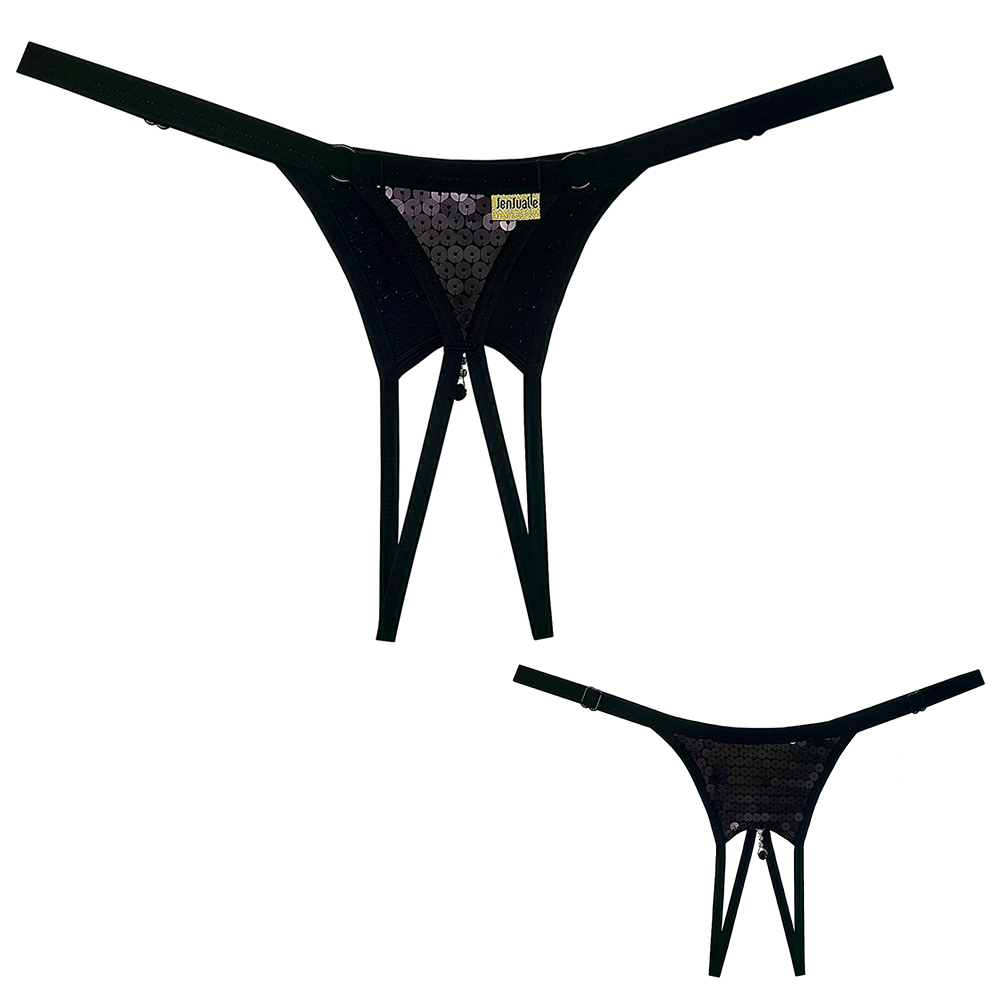 Calcinha String Fio Dental Sexy em Paet� Preta com abertura e detalhe de anel met�lico