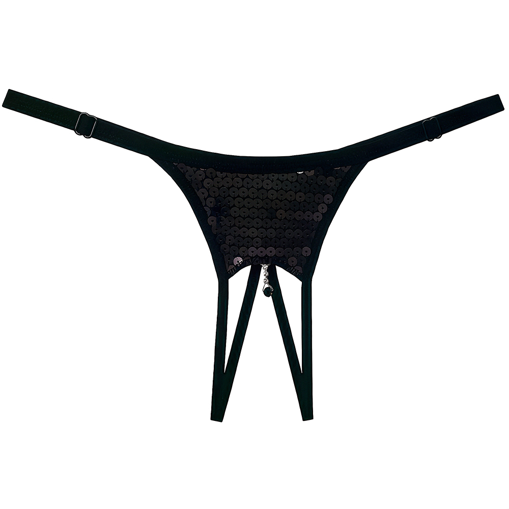 Calcinha String Fio Dental com paet�s pretos e argolas de ajuste laterais