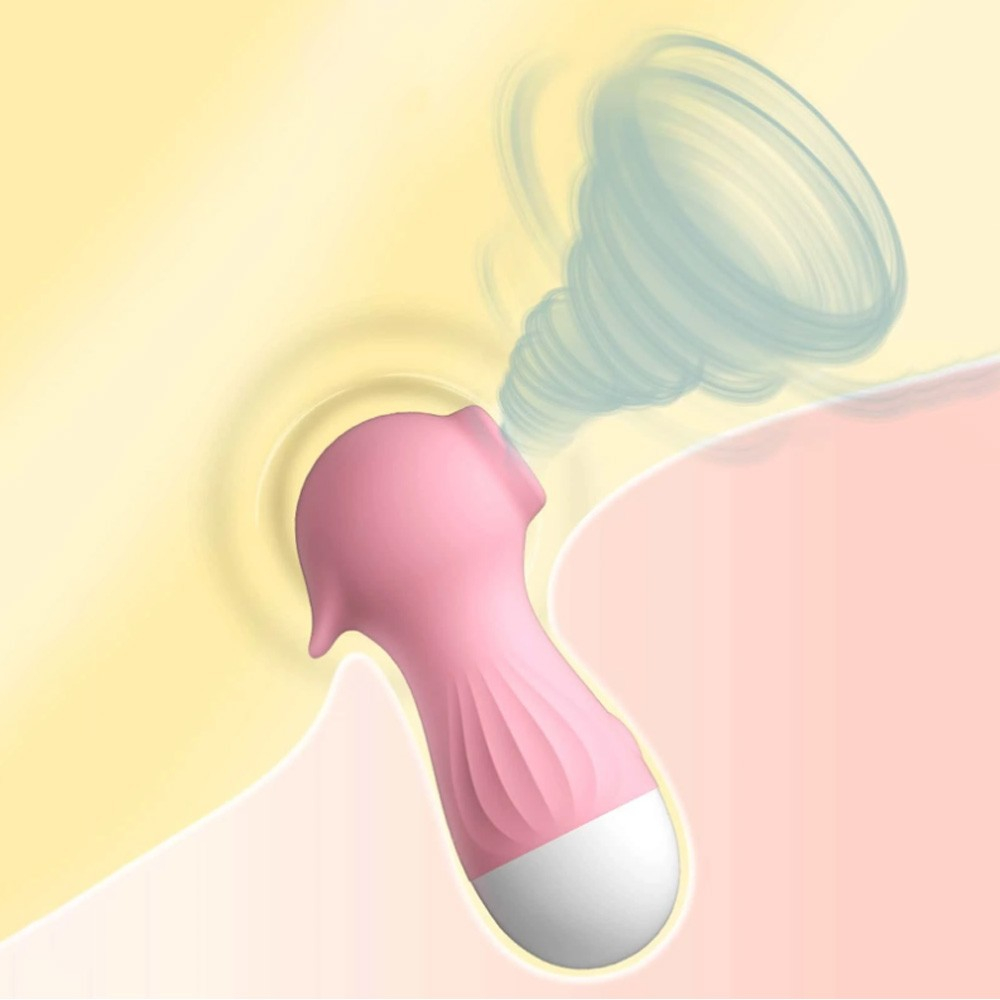 Vibrador para Clit�ris em Silicone Recarreg�vel com 10 Pulsa��es Pocot� Rosa em a��o, sugerindo movimento de suc��o no clit�ris