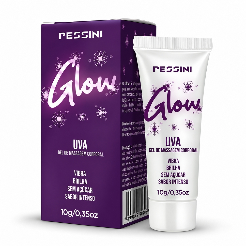 Vibrador L�quido Beij�vel Glow Sabor Uva, caixa roxa e bisnaga branca com logomarca Pessini e detalhes vibrantes.