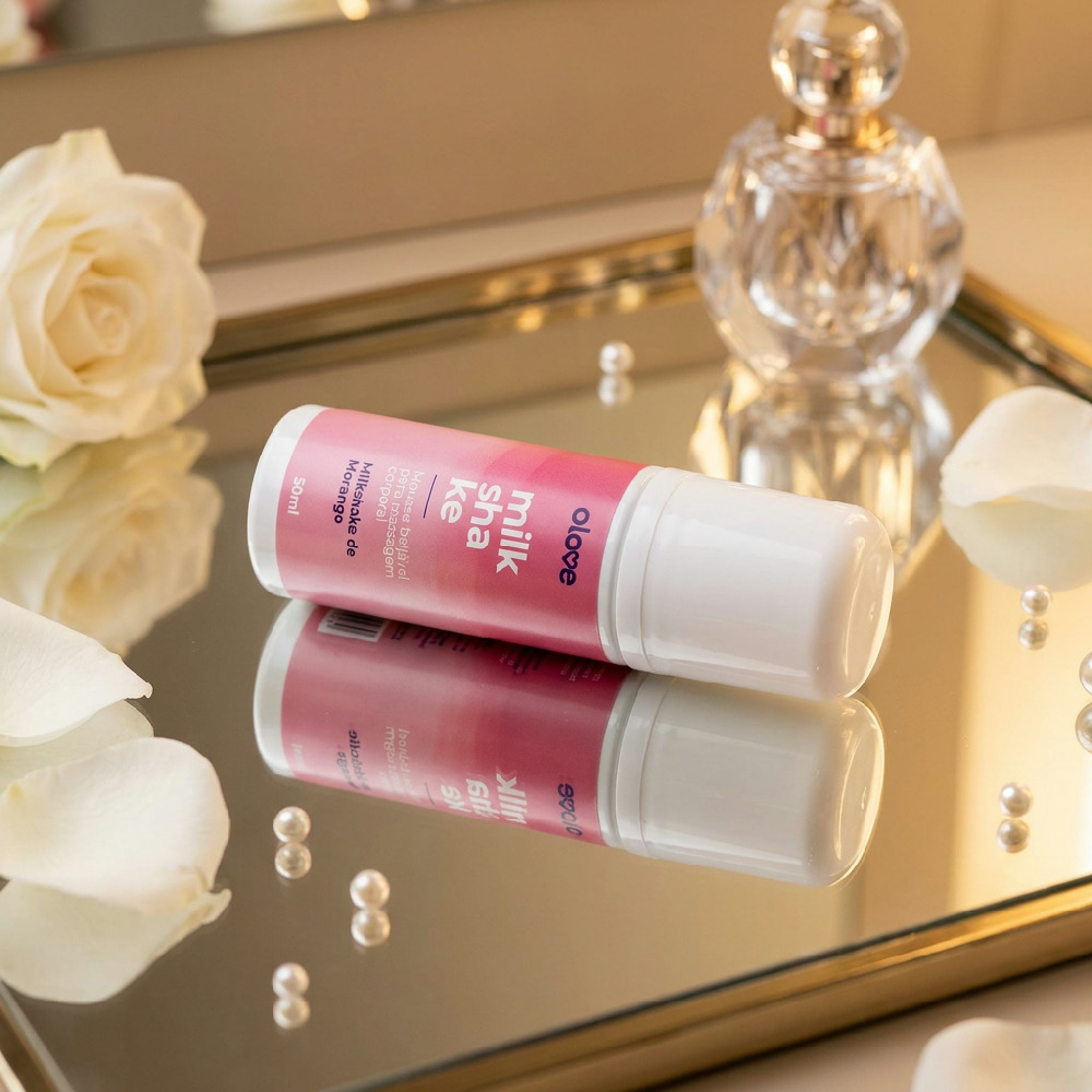 Mousse para Massagem Sensual Beij�vel Milkshake Olove 50ml - Frasco deitado sobre uma superf�cie espelhada, com p�talas e joias, criando um ambiente sensual.