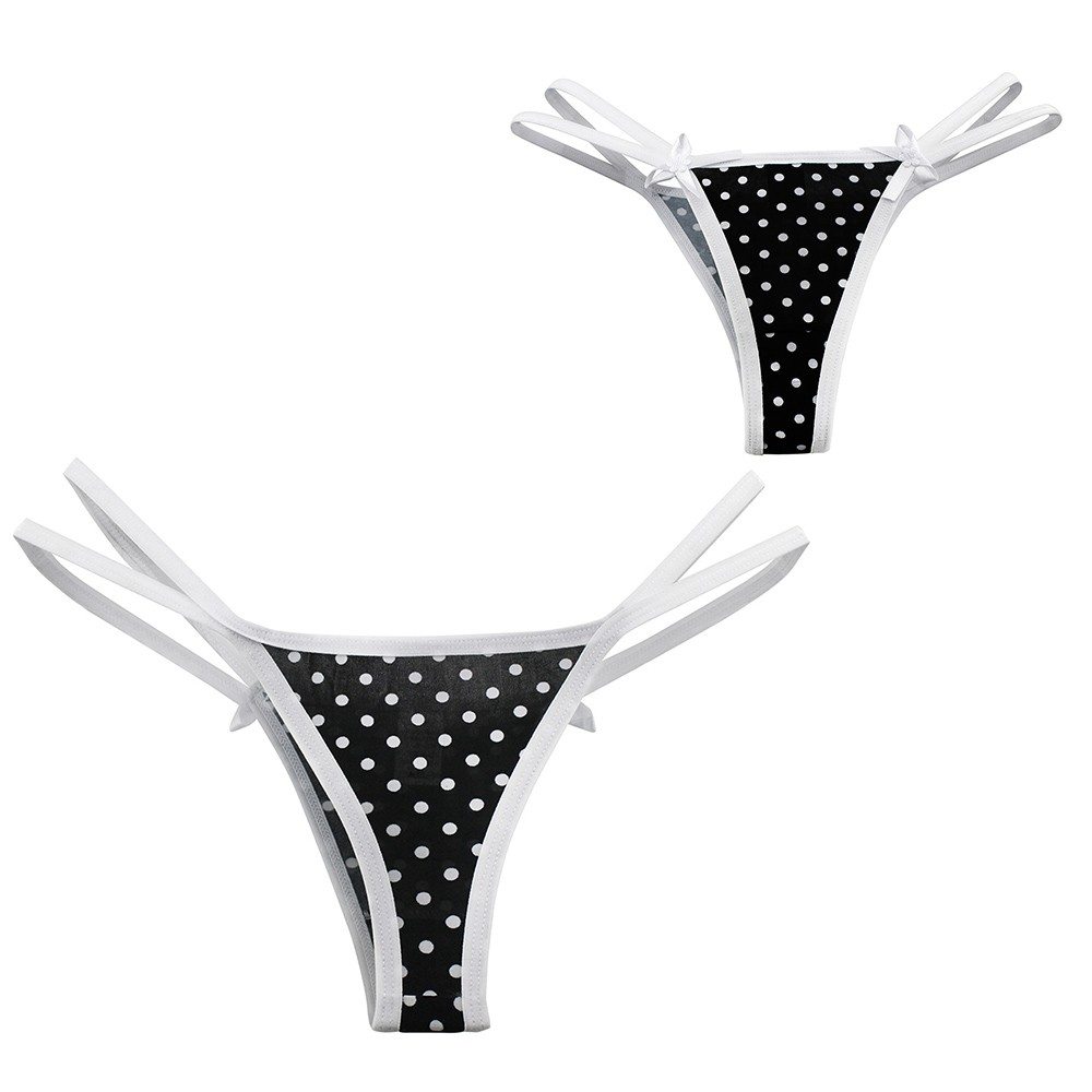 Calcinha Strappy Fio Dental Sexy Preta com Po� Branco | Foto 02 - Calcinha fio dental estampada com bolinhas brancas, vista frontal, detalhes strappy nas laterais brancas e lacinhos