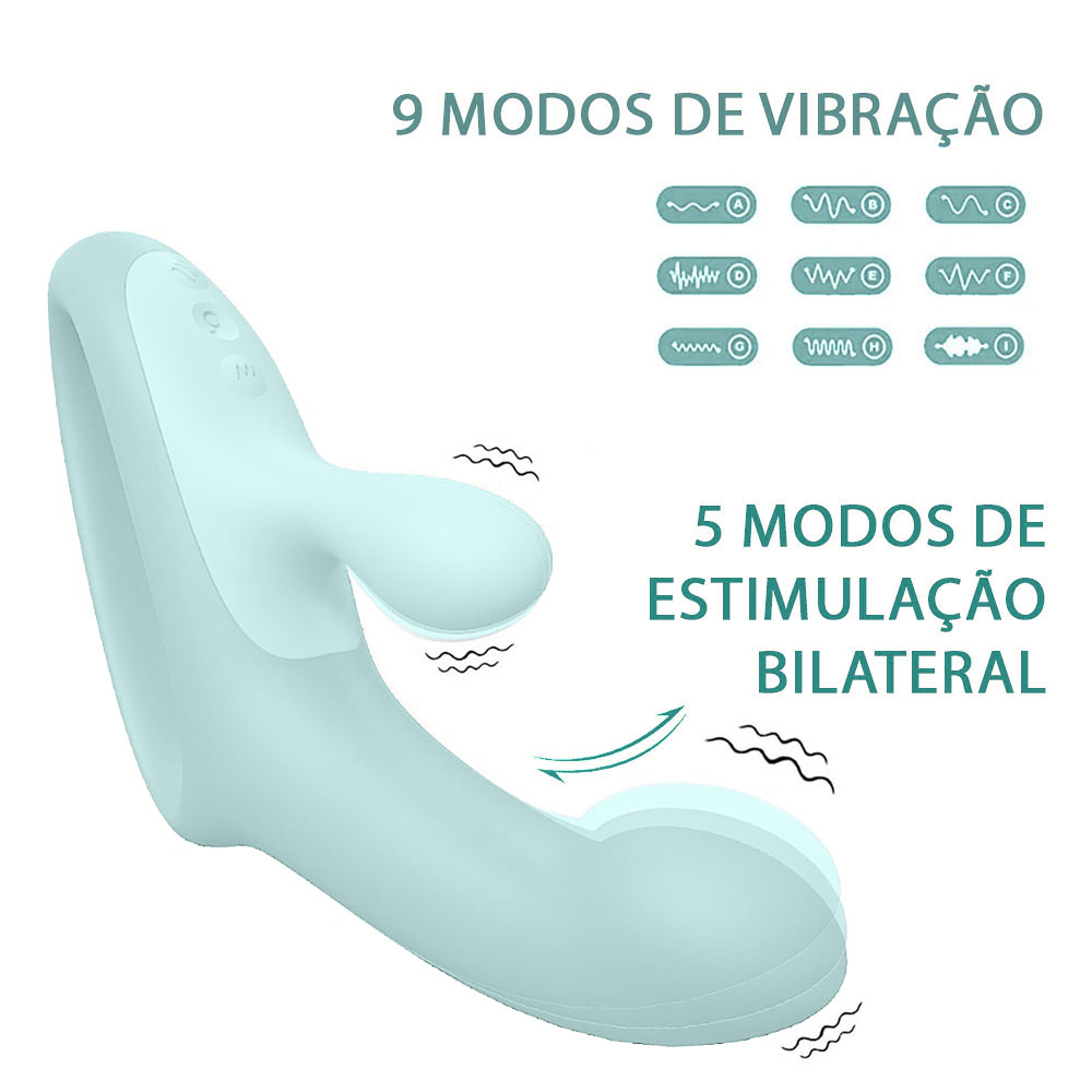 Vibrador duplo Candy Bunny Cyan mostrando 9 modos de vibra��o e 5 modos de estimula��o bilateral