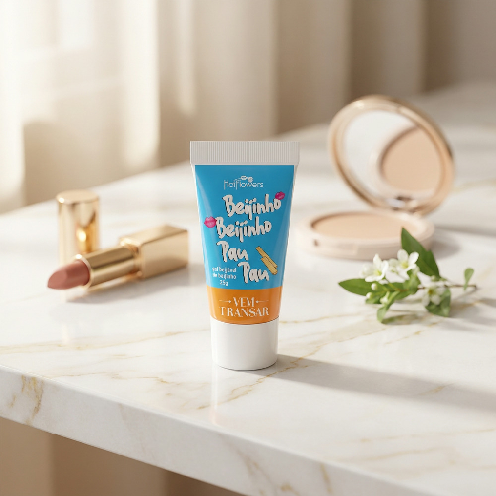 Gel para Sexo Oral Beij�vel Beijinho Beijinho Pau Pau Sabor Beijinho 25g em uma mesa de m�rmore com maquiagem e flor, sugerindo um ambiente �ntimo e delicado
