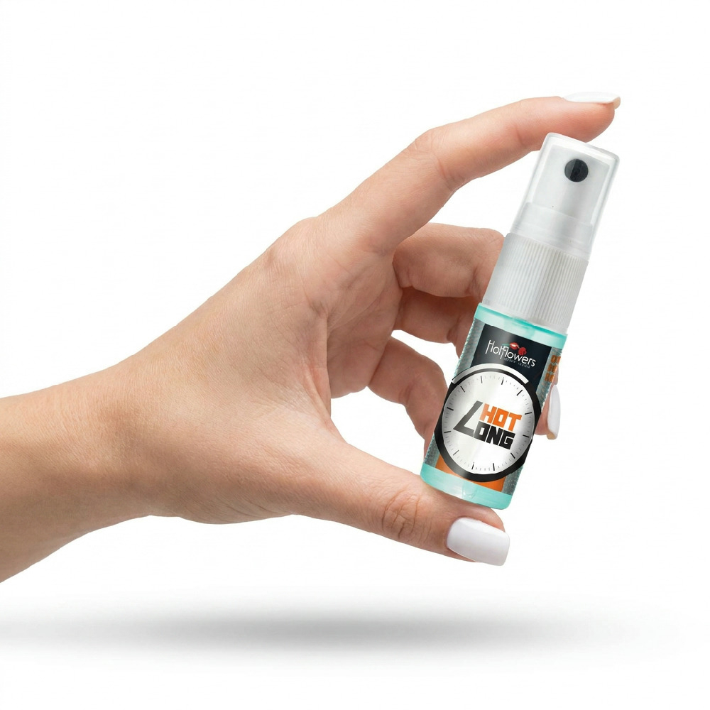 Gel Retardante Masculino em Spray Hot Long 12g, frasco em spray sendo segurado por uma m�o