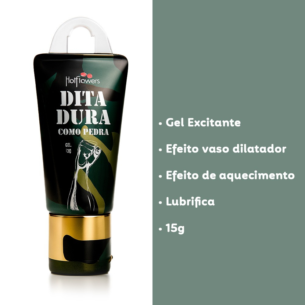 Gel Excitante Masculino Dita Dura Como Pedra da Hot Flowers em embalagem preta e verde camuflada com detalhes dourados. Lista de benef�cios: Gel Excitante, Efeito vaso dilatador, Efeito de aquecimento, Lubrifica, 15g.