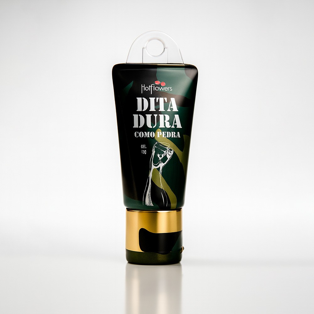 Gel Excitante Masculino Dita Dura Como Pedra da Hot Flowers em embalagem preta e verde camuflada com detalhes dourados, sobre fundo branco.