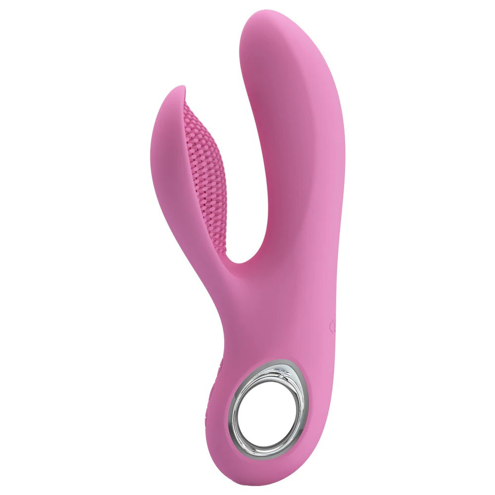 Vibrador Duplo em Silicone Recarreg�vel Canrol Rosa em vista lateral, evidenciando o design confort�vel e ergon�mico.
