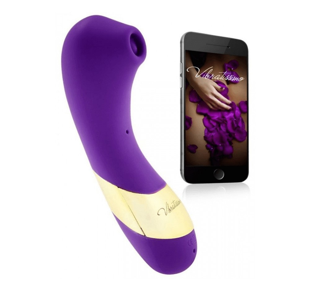 Vibrador Secret Kiss Roxo com aplicativo e caixa. Mostra as funcionalidades e embalagem do produto.