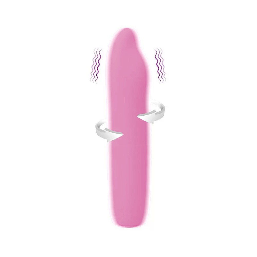 Vibrador Feminino em Silicone Recarreg�vel Burke Rosa, mostrando o vibrador com setas indicando vibra��o e rota��o, pr�ximo � caixa do produto.