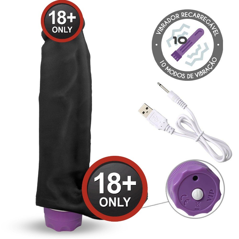 P�nis com Escroto e Vibrador 10 Velocidades Recarreg�vel Sedutor com o cabo USB para carregamento
