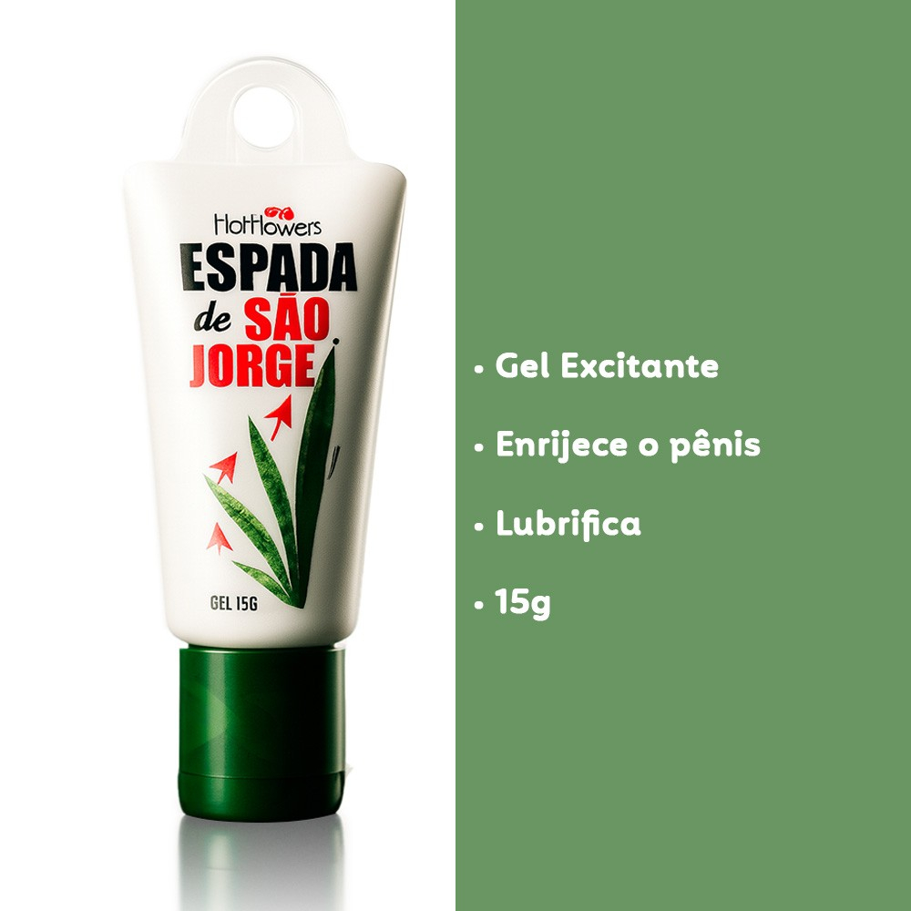 Gel Masculino Intensificador de Ere��o Espada de S�o Jorge, destacando seus benef�cios: Gel Excitante, Enrijece o p�nis, Lubrifica e 15g