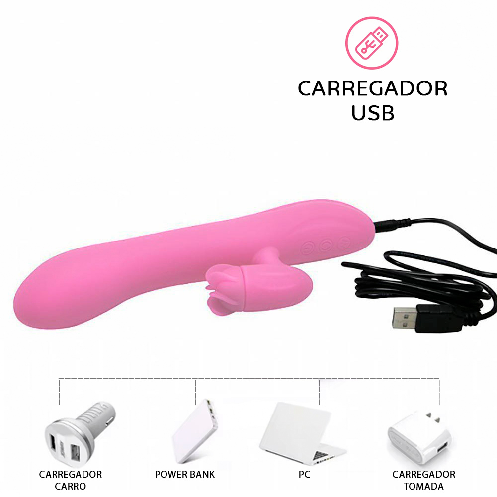 Vibrador Duplo Recarreg�vel em Silicone com 7 Vibra��es e Estimulador com 4 Rota��es Gina Rosa | Foto 04