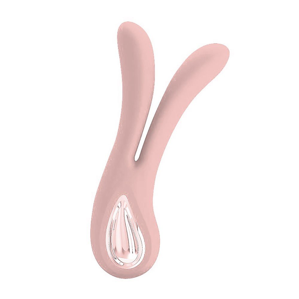 Vibrador Duplo Ulysses em silicone rosa com detalhe cromado na base, sobre fundo branco