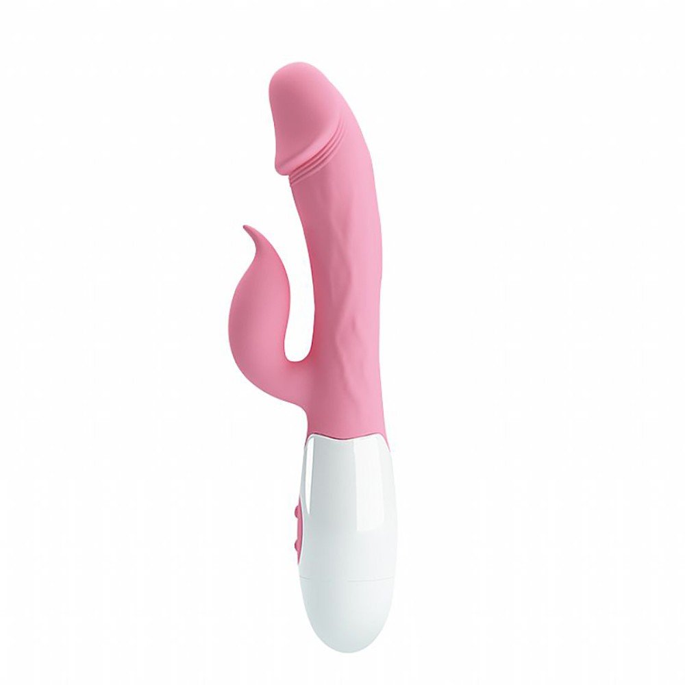 Vibrador Duplo Peter Rosa | Vista frontal detalhada do vibrador com formato de p�nis e estimulador de ponto G