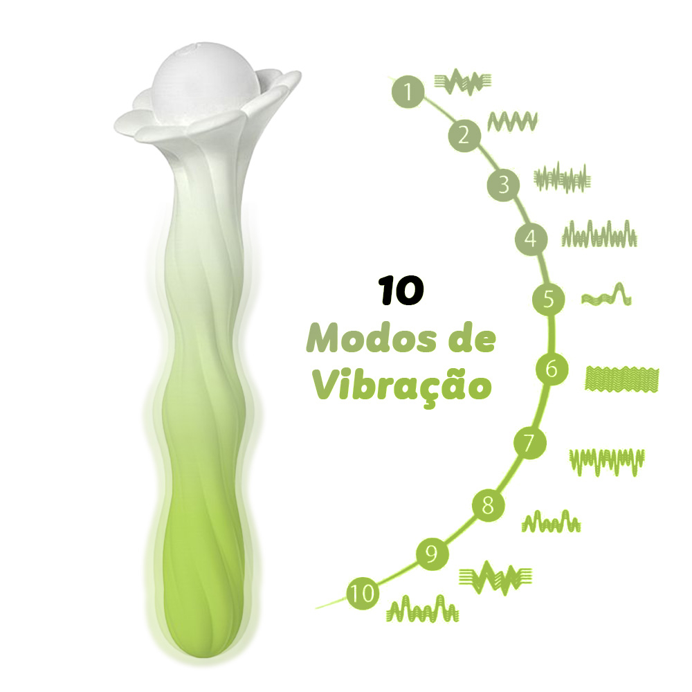 Vibrador Feminino Recarreg�vel em Silicone com 10 Vibra��es Verde mostrando os 10 modos de vibra��o