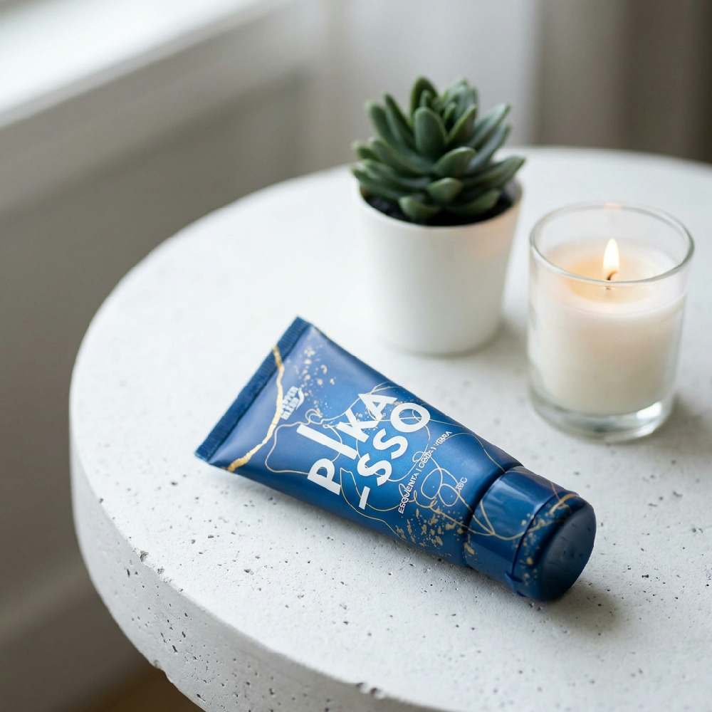 Gel Excitante Masculino Pika-sso em um ambiente discreto, ao lado de uma vela e uma planta, destacando sua embalagem azul com detalhes dourados