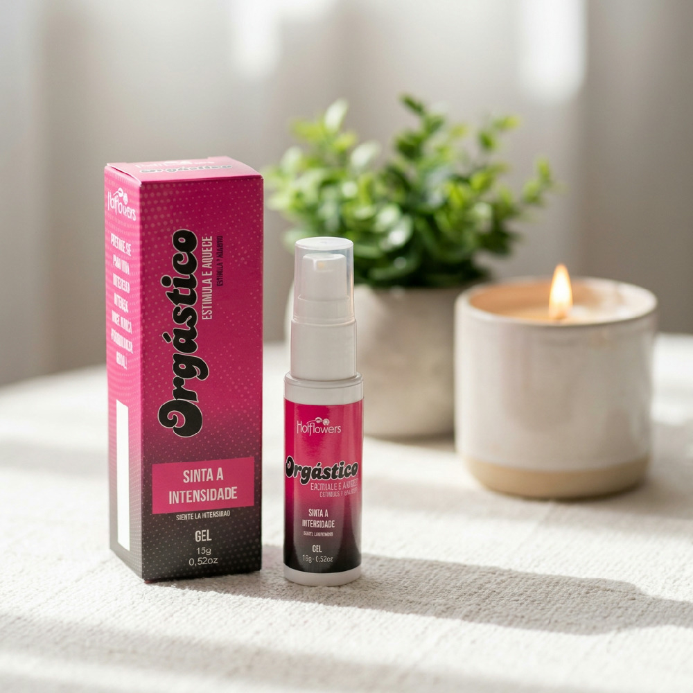 Gel Excitante Feminino Org�stico Hot Flowers 15g em ambiente intimista com vela e planta, sugerindo momento de relaxamento e prazer