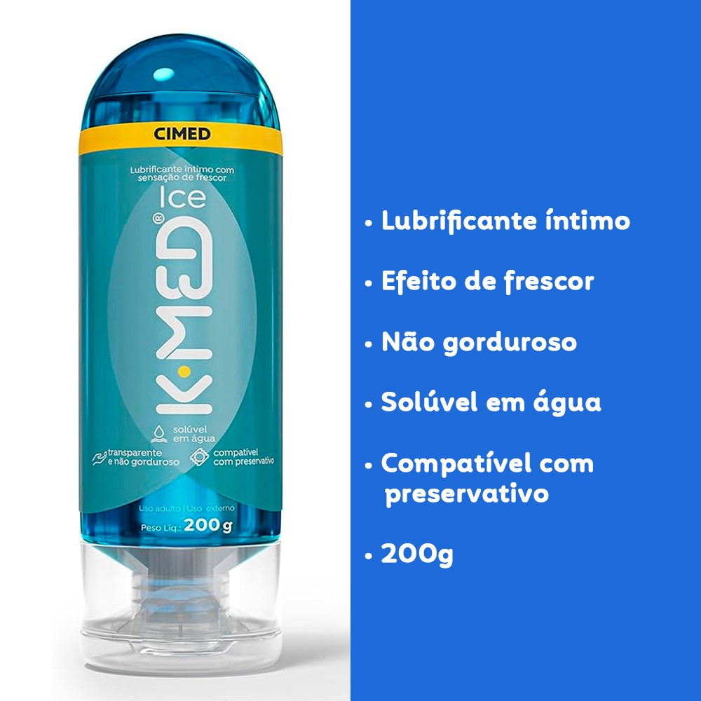 Gel Lubrificante �ntimo com Sensa��o de Frescor K-Med 200g com destaques textuais de benef�cios